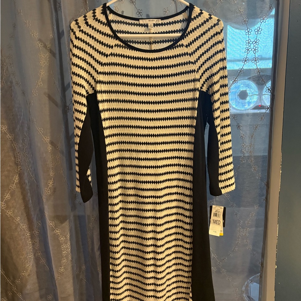 Black and Cream Striped Sweater Midi Dress